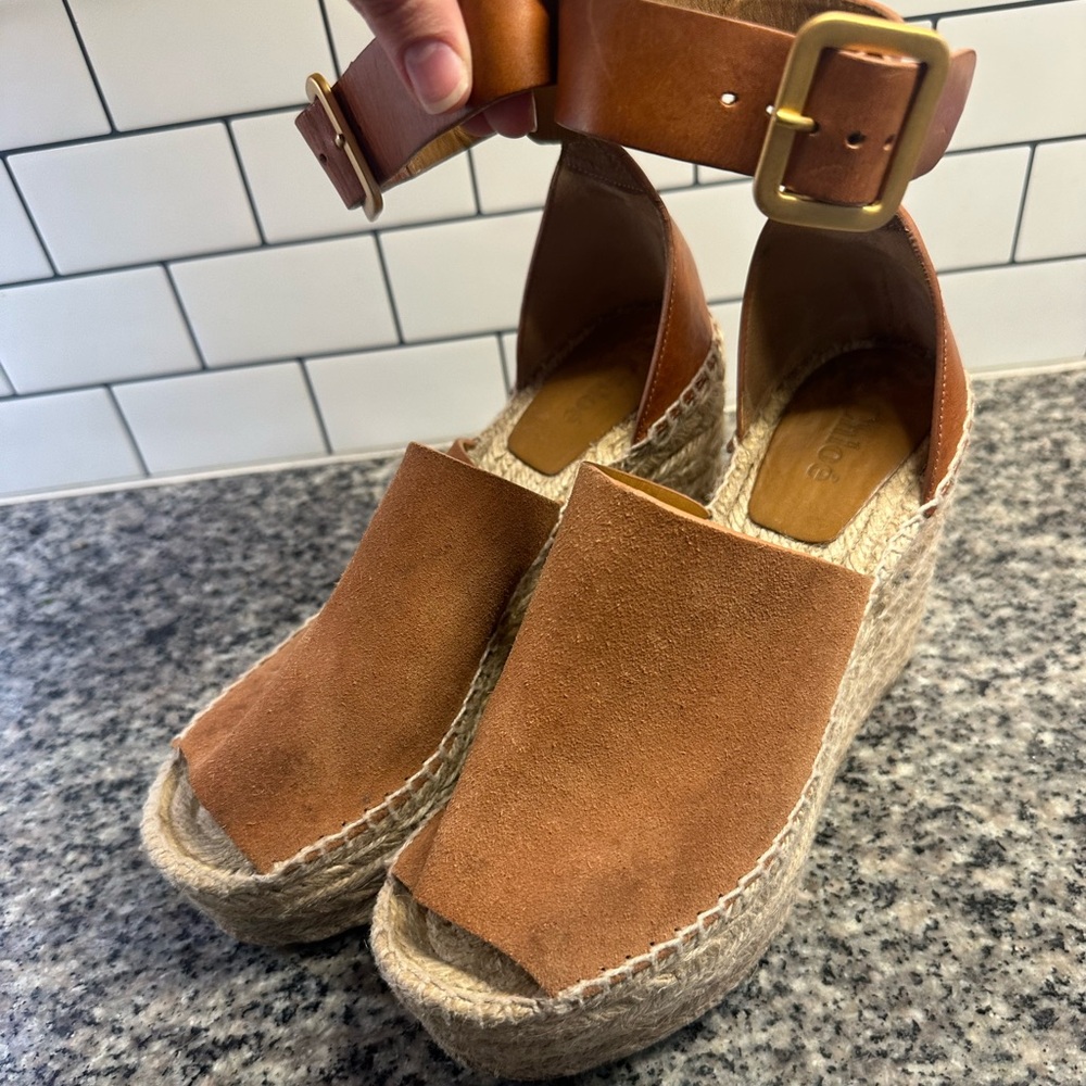 Chloe Espadrille Wedges Brown Leather Sz 36 (US 6)